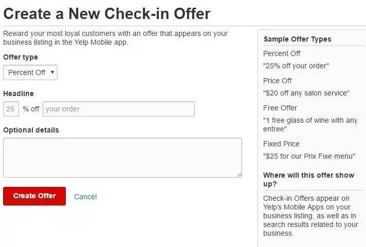 Create Check in offer on yelp